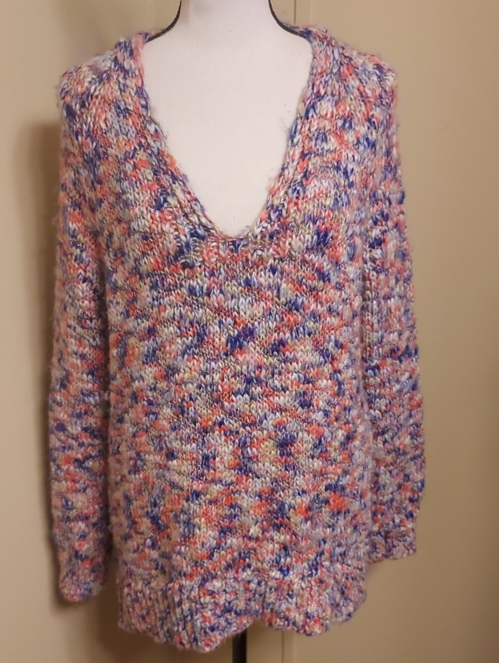 Lou & Grey Multicolor Knit Crew Neck Sweater — Blue, Orange, White